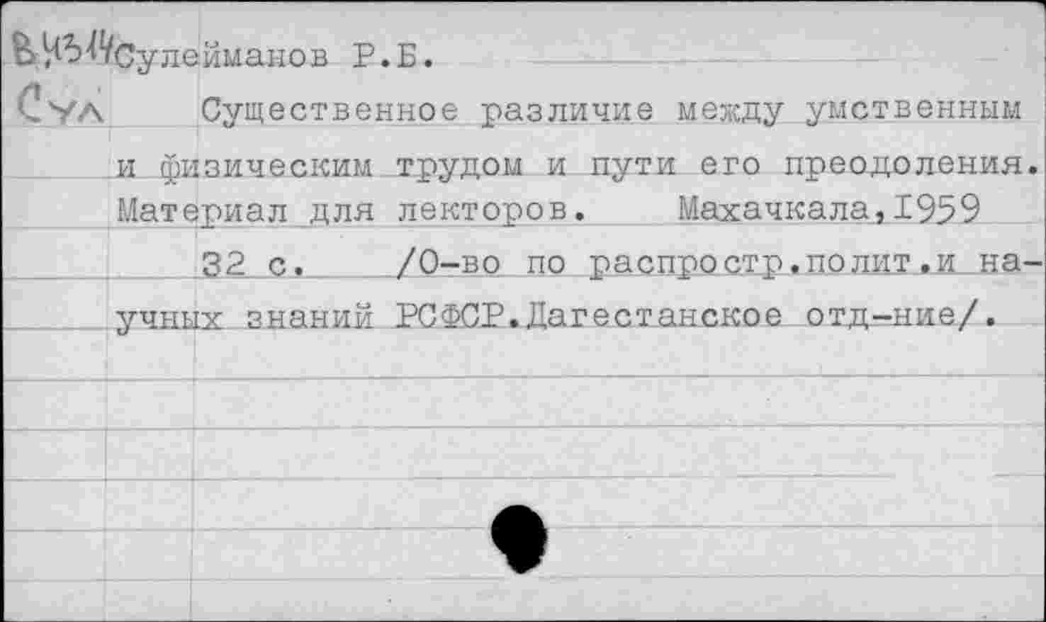 ﻿В^^Сулейманов Р.Б.
Сул Существенное различие между умственным л физическим .трудом и пути его преодоления Материал для лекторов. Махачкала,1959 32 с, /0-во по распростр.полит.и на учных знаний РСФСР.Дагестанское отд-ние/.